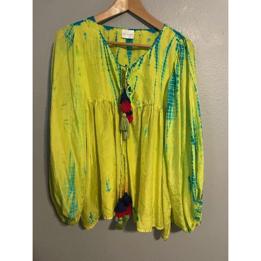 Anna Kosturova Tunic Top Womens Medium Yellow Tie Dye Silk Tassel Boho Beach